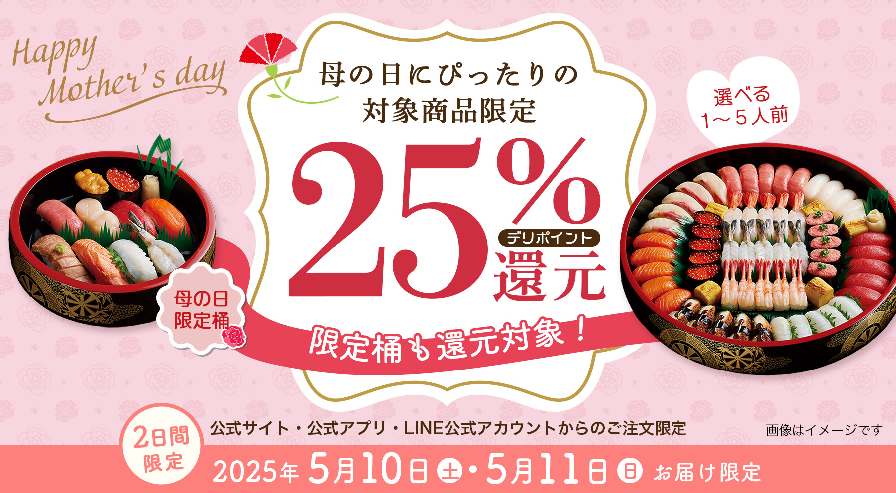 母の日をお寿司でお祝いしよう！対象商品が25％ポイント還元！｜5月11日（土）・5月12日（日）お届け限定