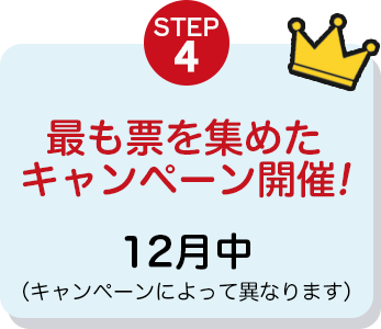 STEP4 最も票を集めたキャンペーン開催!12月中(キャンペーンによって異なります)