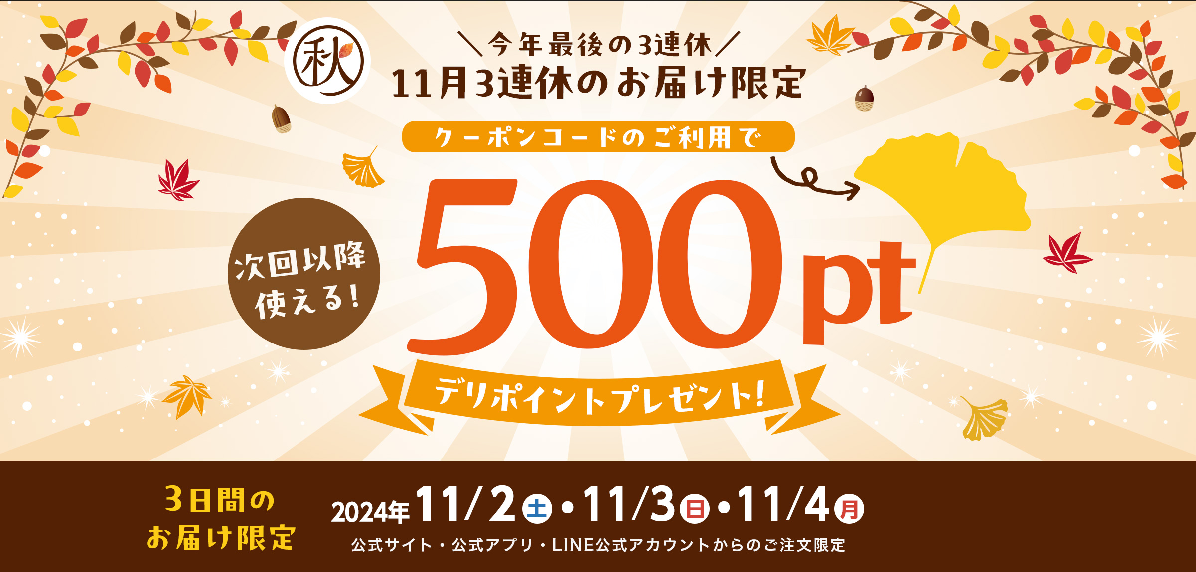 11月3連休のお届け限定 次回以降使える500ポイントプレゼント！